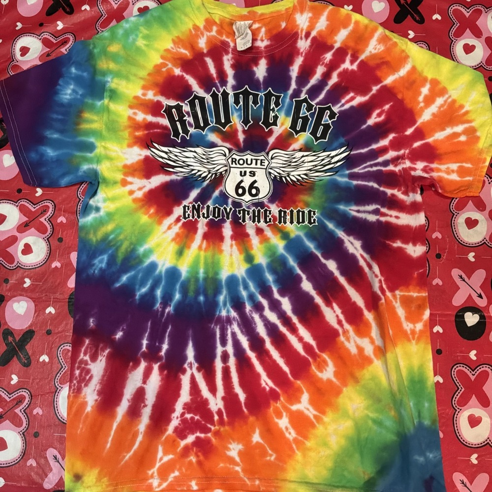 Route 66 Tie Dye T Shirt‎ Unisex Medium Enjoy The Ride  Spiral Vintage Americana